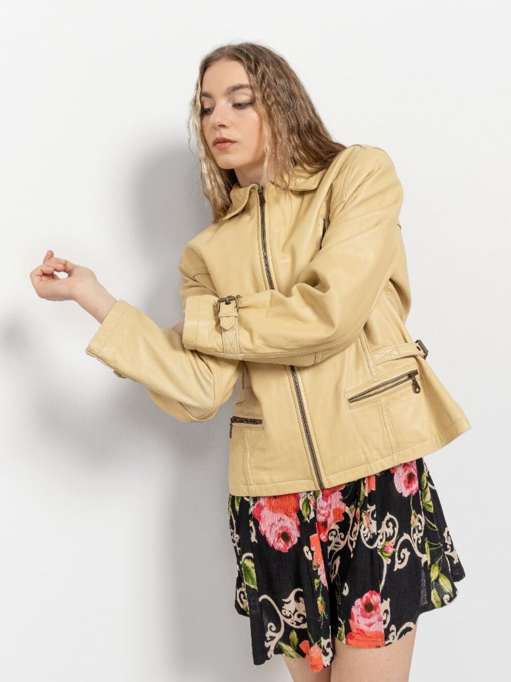 BUTTERY YELLOW MOTORCYCLE Jacket Leather Trench Coat Vintage Women Zippers